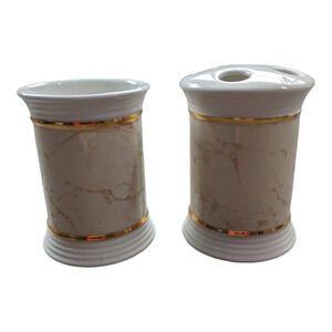 Allure Vintage Set of Toothbrush Holder & Cup  Ceramic Aphrodite-Beige Metallic